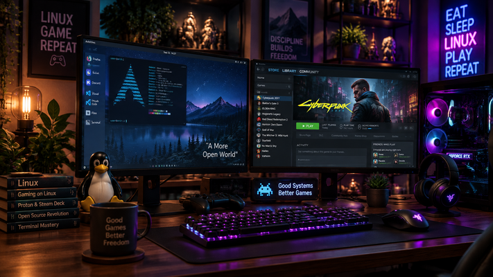 Dual-monitor setup showcasing tech hacks pblinuxgaming tweaks and Steam on Linux desktop