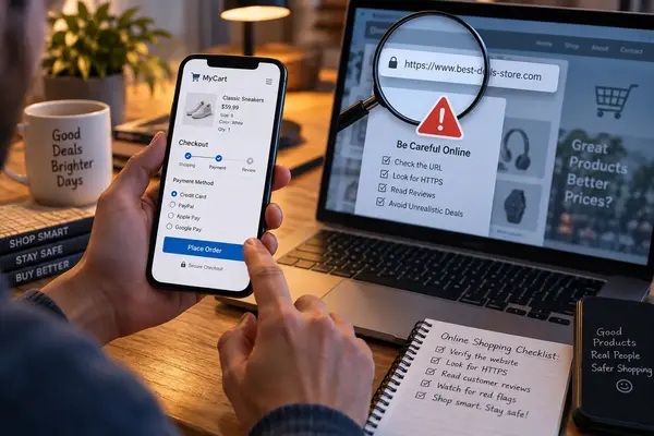 Person checking zingyzon com website safety on laptop with warning icon and magnifying glass