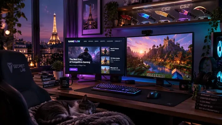 Playing games blog playbattlesquare gamer desk with Minecraft world and CS2 skins display at night