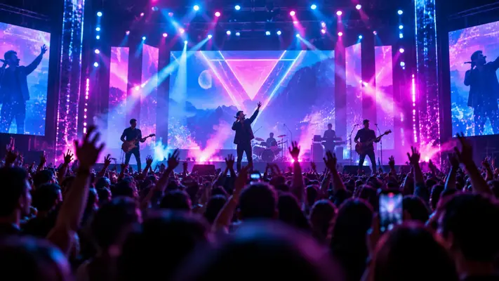 High-energy live stage performance showing production scale and backtofrontshow pricing tiers.