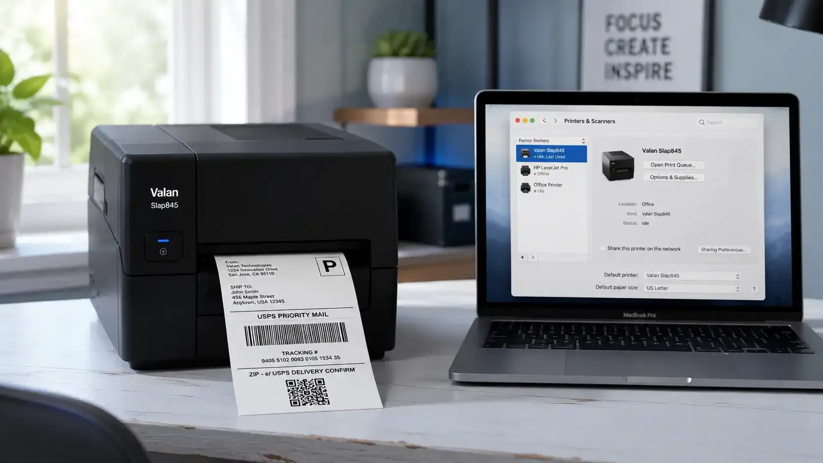 Valan Slap845 on Mac setup showing thermal printer connected to MacBook Pro