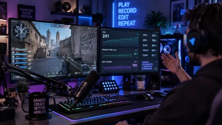 Revolvertech crew gaming studio setup with dual monitors, RGB keyboard, and professional streaming microphone