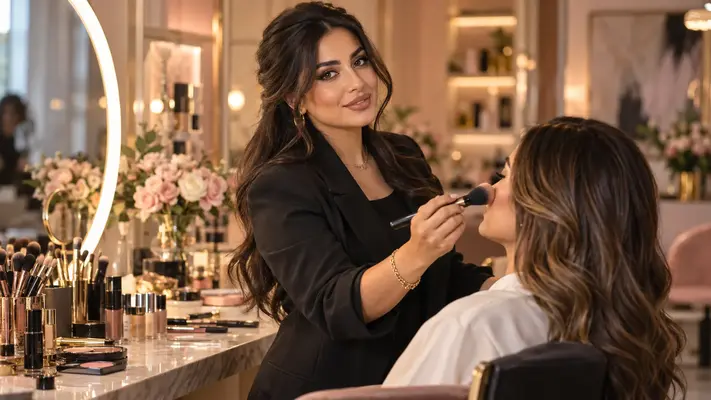 Shani Levni applying professional makeup at a beauty studio vanity