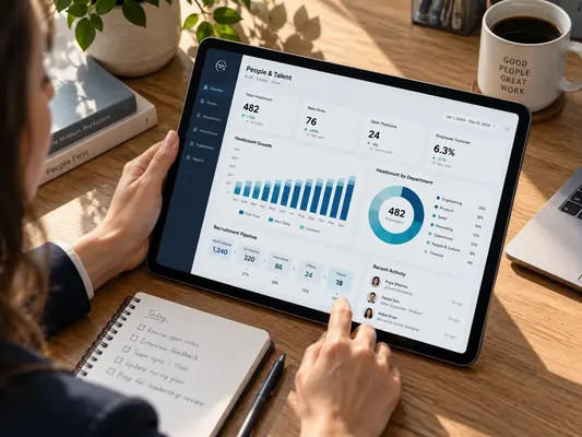 HRMTaila cloud interface displaying automated payroll processing and team recruitment analytics