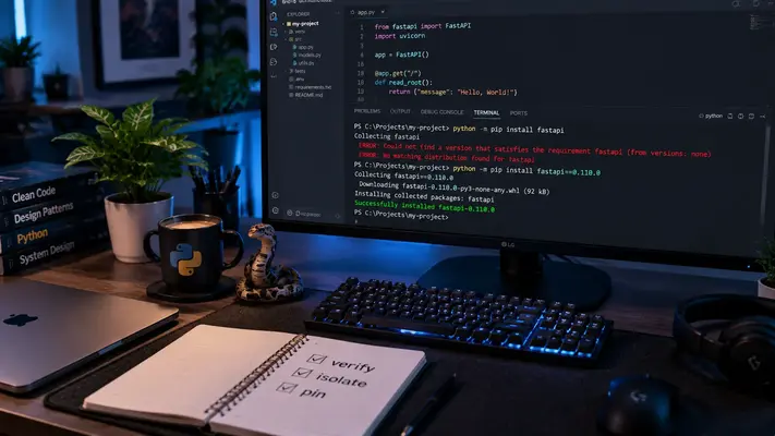 Developer terminal showing bvostfus python install error and successful fix