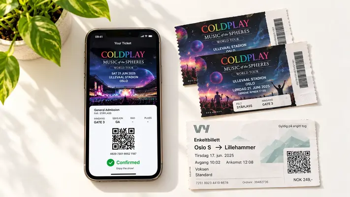 Bilieter displayed on a smartphone screen showing digital concert and travel tickets with QR codes