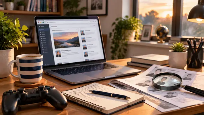TheStripesBlog Frank Fisher guide showing a laptop, gaming controller, and fact-checking notes on a desk