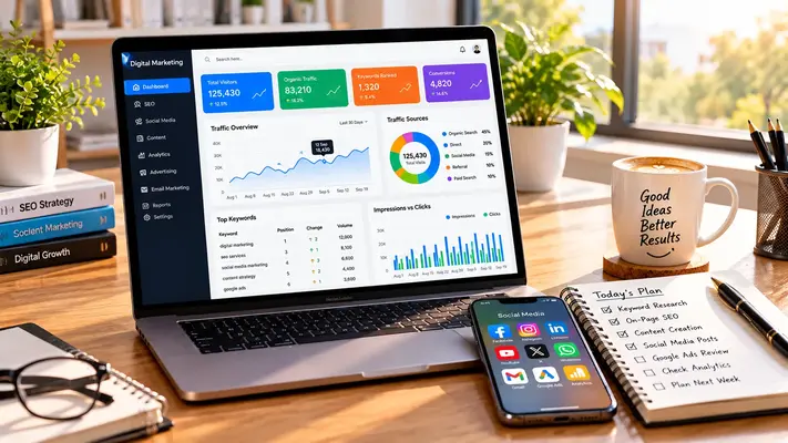 Dashboard and guide breakdown showing key details about LogicalShout digital marketing and tech tutorials
