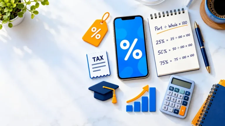 Percentage calculators hub showing a phone with a percent symbol, formulas, and icons for discounts, tips, and grades
