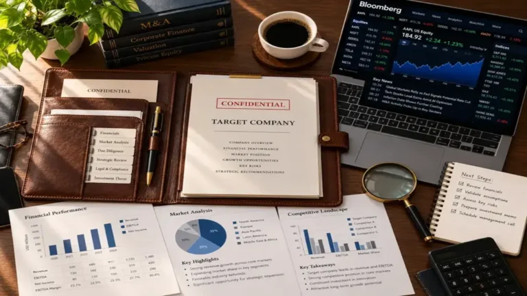 Research dossier for target company open on a corporate desk with financial charts and a tablet showing market data