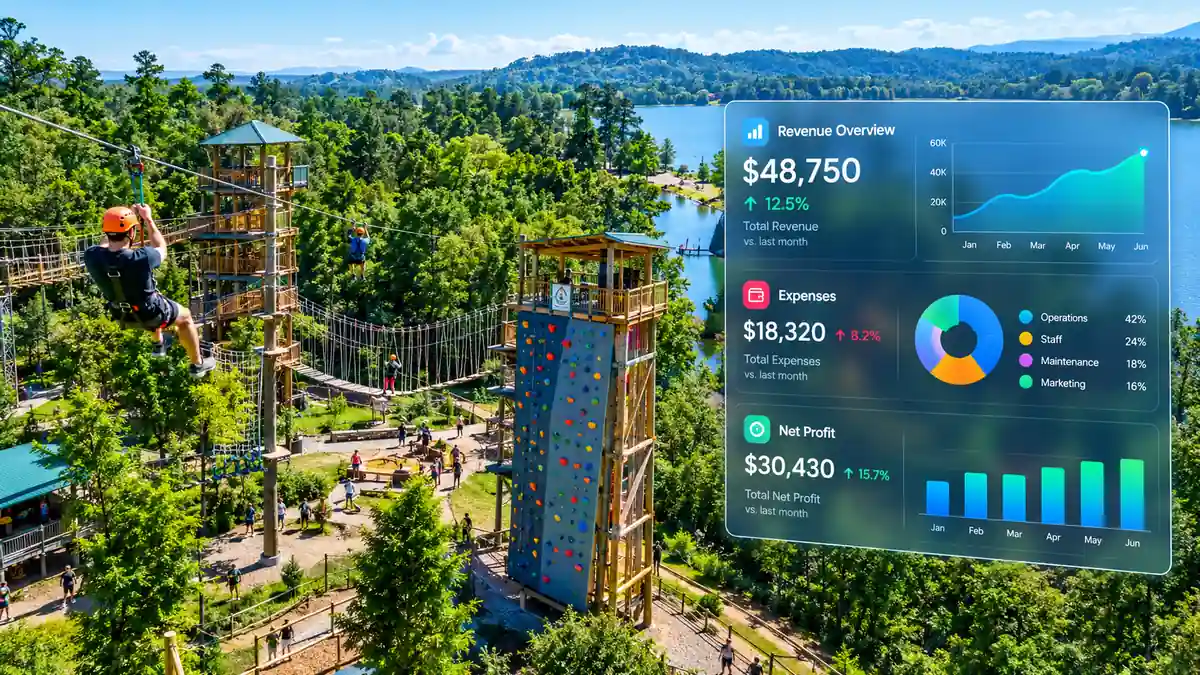Blue raider adventure park accounting dashboard showing revenue charts and expense tracking for outdoor adventure park operations