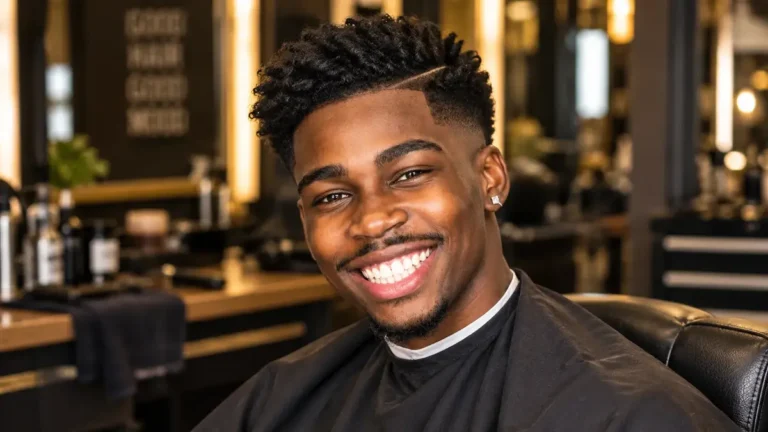 Man with a sharp hard part haircut and mid skin fade in a barbershop setting