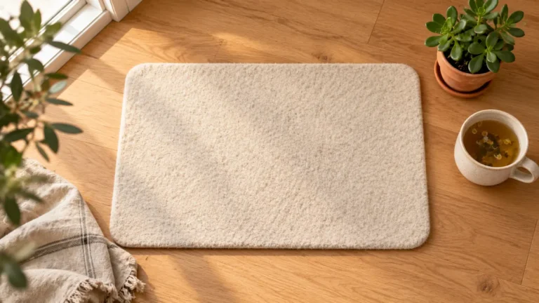Cream-colored wool felt mat (Wollmatten) displayed on light oak flooring with minimalist home décor