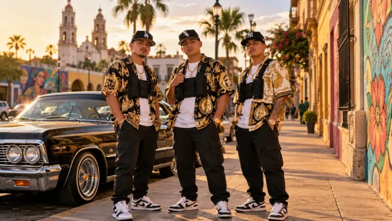 Young ciulioneros in bold streetwear and gold chains standing on a sunlit street in Culiacán, Mexico