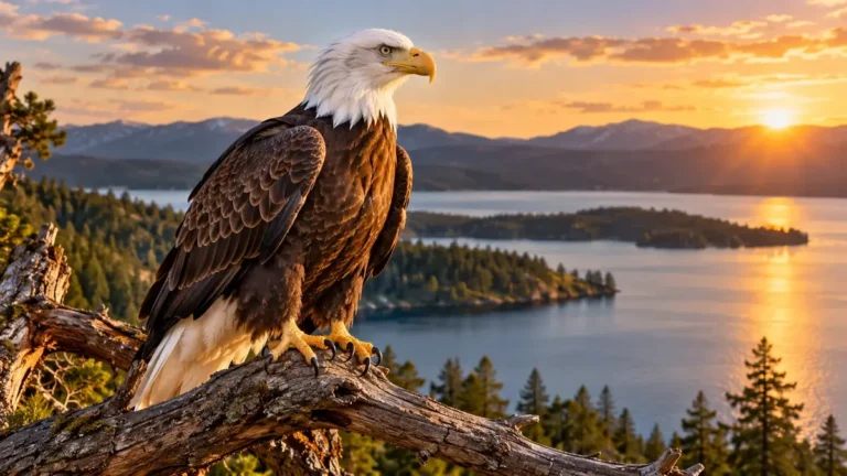 Bald eagle facts: adult bald eagle perched above a calm lake at sunrise, with white head, yellow beak, and dark brown body clearly visible.