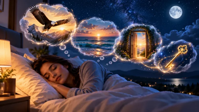 Dreammeaniing.com USA dream interpretation guide showing symbolic dream imagery above a sleeping person