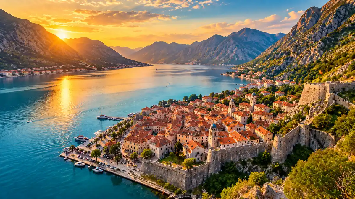 Aerial view of Kotora Melnkalne Old Town and Bay of Kotor surrounded by limestone mountains