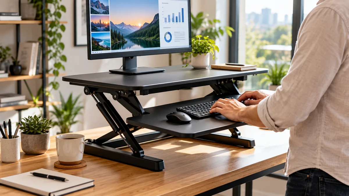 What is a riser desk shown elevated on a white oak home office desk with a 27-inch monitor, wireless keyboard, and mouse set up for ergonomic standing work