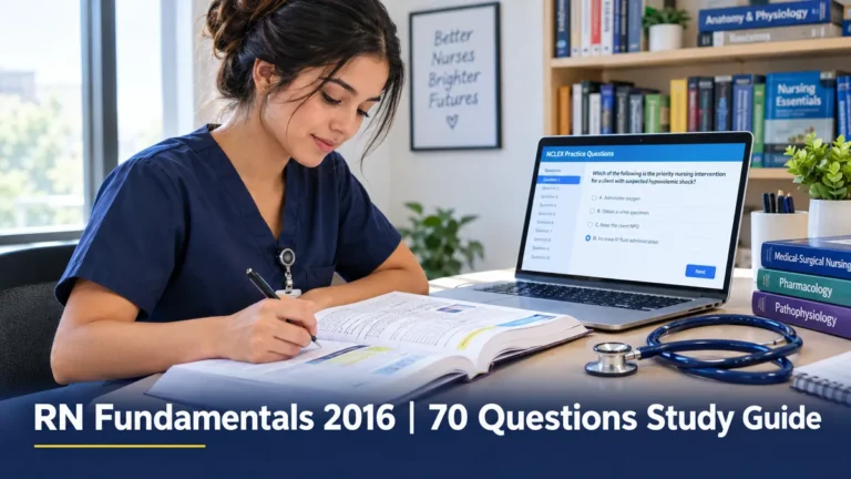 Nursing student studying for the RN fundamentals 2016 70 questions exam at a desk with textbooks and a laptop